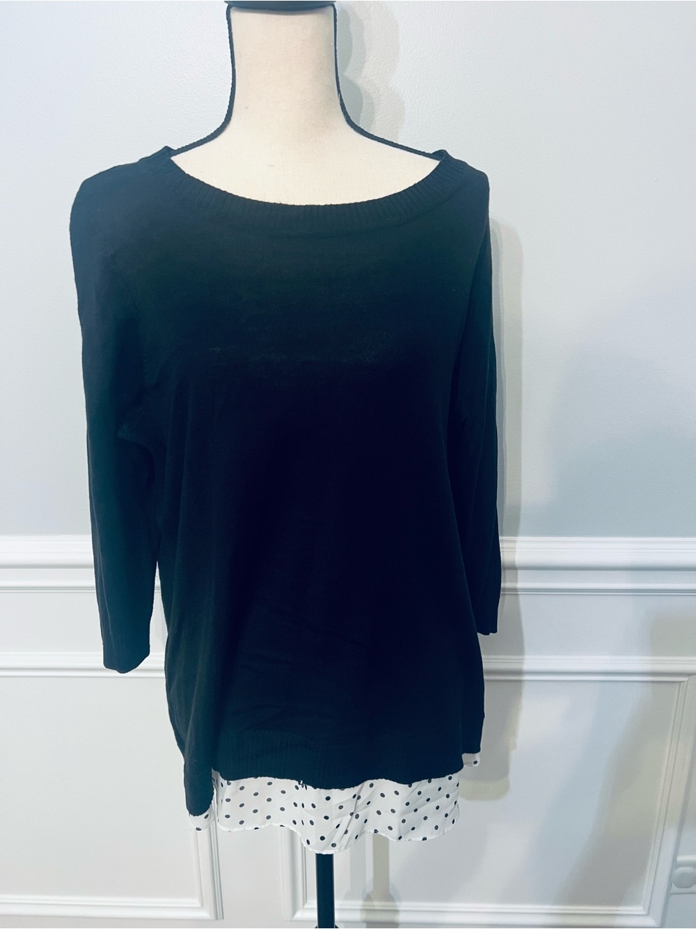 Women’s Black White Polka Dot Scoop Neck 3/4 Sleeve Pullover Top Shirt XL